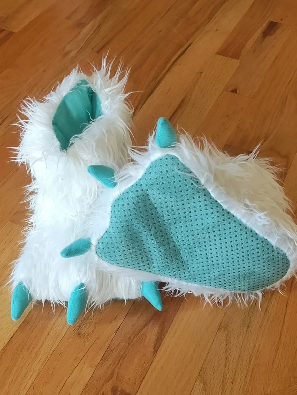 Kids White Furry Monster Slippers with Teal Claws